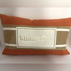Thankful Lumbar Decorative Pillow Orange Rust Tan Burlap  Texture 21.5" X 13"